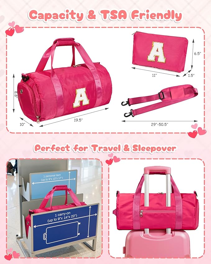 Gifts for Teen Girl, Girls Travel Duffel Bag, Kids Initial Overnight Bags with Shoe Compartment, Customized Sport Gym Weekender Bag with Makeup Pouch, Stocking Stuffers for Kid (Letter M)