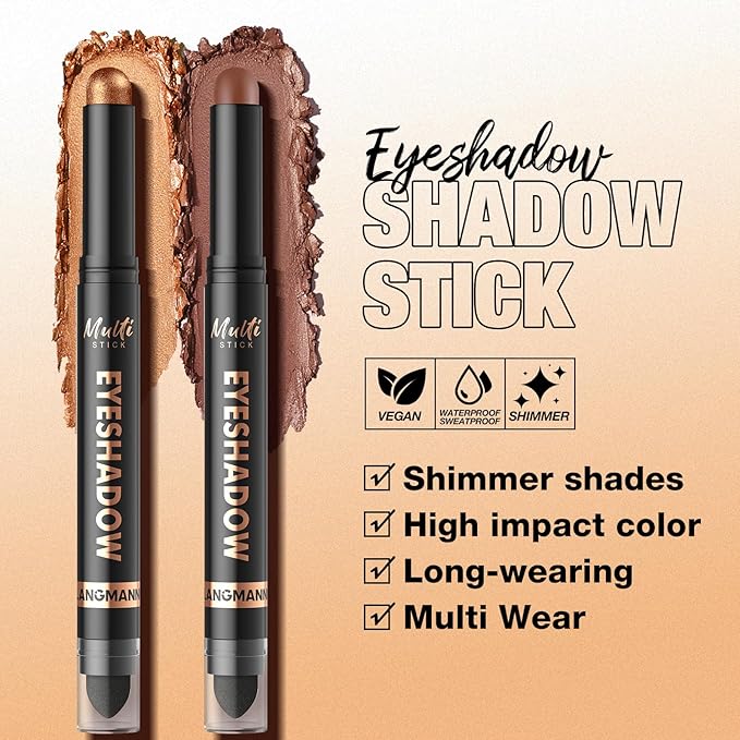 LANGMANNI 8Colors Dual-Ended Cream Eyeshadow Stick Set – Silky Smooth, Waterproof & Transfer-Proof, Built-in Blender Brush, All-Day Matte & Shimmer Wear Eye Makeup(#A)