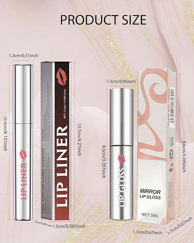 Peel Off Tattoo Lip Liner Stain Lip Gloss Combo Sets, 2 Colors Rose Pink Brown Matte Lip Liner and Nourishing Lip Gloss Tint Stain Kit, Long Lasting Waterproof Non Sticky Liquid Lipstick Makeup-Set 01