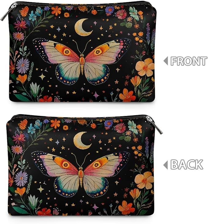 COEQINE Gothic Cosmetic Purses Leather Case for Women Trendy Butterfly Moon Goth Cosmetic Bags for Women Travel Black Floral Makeup Organizer Pouch With Zipper