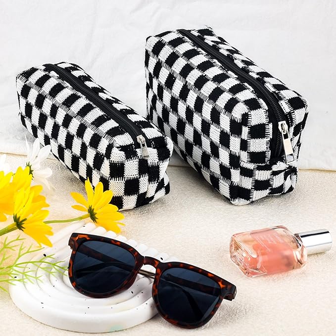 2Pcs Checkered Pencil Case Cute Pencil Pouch for Teens Checkered Makeup Bag Travel Cosmetic Bag Set Cute Makeup Pouch for Purse Portable Zippered Skincare Bags Preppy Toiletry Bags Organizer(Black)