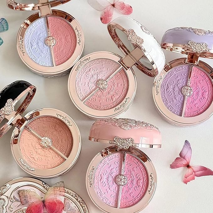 Flower Knows Butterfly Cloud Collar Rouge Box Highlighting & Blush Duo Powder,Nude+Peach Matte Finish Blush & Highlighter Palette,Buildable & Blendable Makeup for cheeks(01 Rouge Snow)