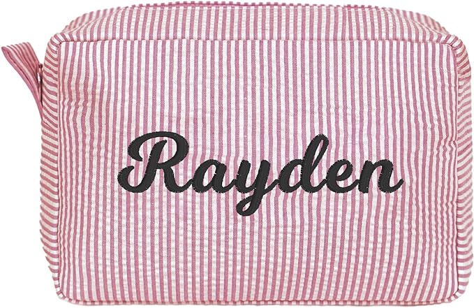 MT WORLD Personalized Makeup Bag Cute Cotton Cosmetic Bag for Women Seersucker Bridesmaid Travel Makeup Bag for Girls Aesthetic Toiletry Bag Organizer Storage Pouch (Red)