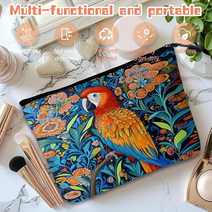 Cosmetic Bags Travel Makeup Toilet Case Waterproof Pouch for Women Girls 6.7X9.45inches - Colorful Macaw Stands on Branch