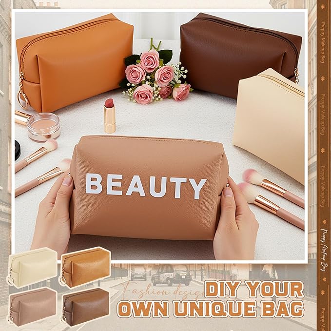 Chunful 24 Pcs Preppy Makeup Bag PU Leather Cosmetic Bag Bulk Makeup Plain Pouch Waterproof Toiletry Purse for Women Traveling Preppy Pencil Case Travel Purse Cosmetic (Brown Series)