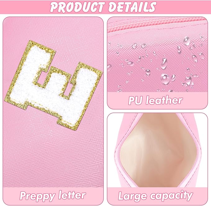 Initial Makeup Bag for Women Travel Small Cosmetic Bag Cute Pink Personalized Preppy Makeup Pouch for Purse Zippered Toiletry Organizer PU Leather Makeup Bag Makeup Case for Christmas（E）