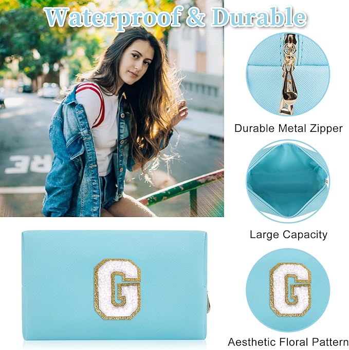 Personalized Initial Letter Patch Makeup Bag, Preppy Portable Chenille Cosmetic Bag with Zipper, PU Leather Waterproof Travel Toiletry Bag Monogram Make Up Pouch for Women Girls