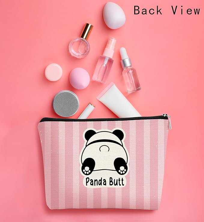 Panda Gifts Makeup Bag for Women Girls, Cute Baby Panda 'Guess What It's Pug Butt' Cosmetic Case for Teens Daughter, Accessories (Pink Stripe)