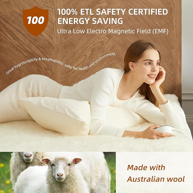 Bwarm Muilt-Zone Heated Mattress Pad Twin XL Wool Electic Mattress Pad, Touchscreen Bed Warmer with 9 Heat Settings, 1-12 Hours Auto Off Memory Deep Pocket,Machine Wash White Twin XL 39" x 80"