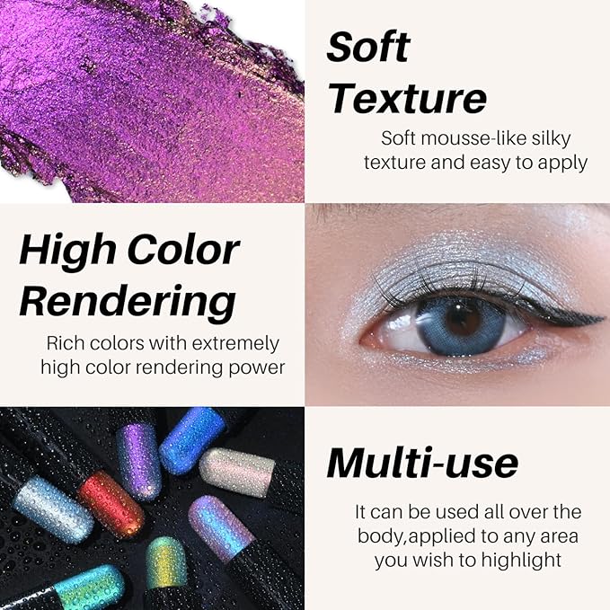 CHARMACY New Duochrome Long Stay Eyeshadow Stick, Creamy Eye Shadow Stick, Multicolor-Shifting Glitter Eyeshadow, Waterproof & Smudge-Proof, High Pigmented, Built-in Smudger #02