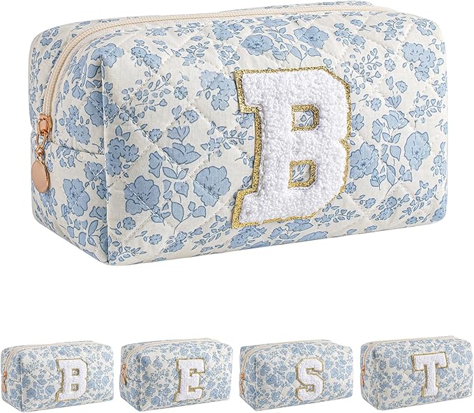 JOVAKIT Alphabet Makeup Bag Cosmetic Bag for Women, Christmas Gifts for Girls Age 6-18, Floral Flowers Coquette Travel Toiletry Zipper Make Up Pouch Organizer Trendy Stuff (Blue Floral B)