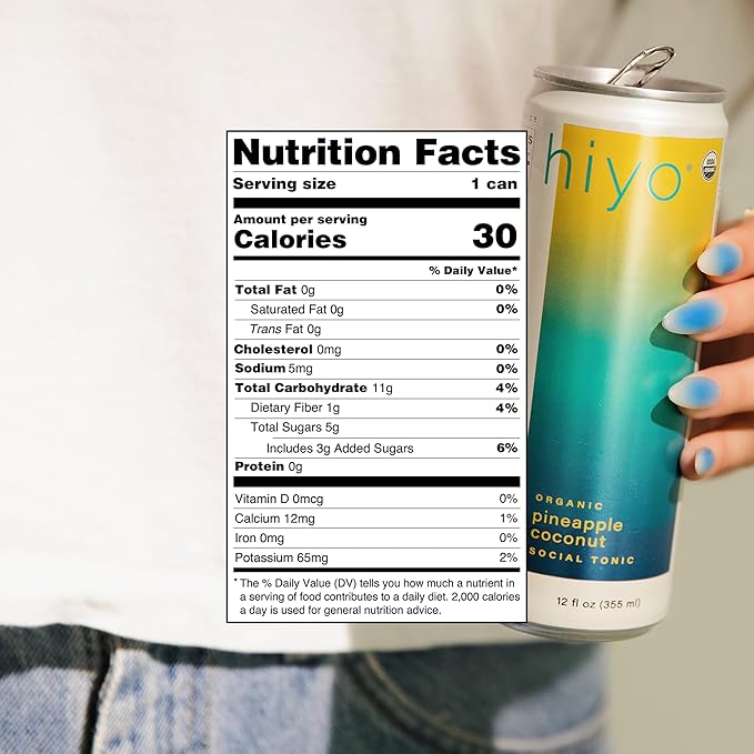 Hiyo Organic Social Tonic - Pineapple Coconut, 12 Pack - N.A. Functional Seltzer, Sparkling Water Crafted with Organic Adaptogens, Nootropics & Botanicals