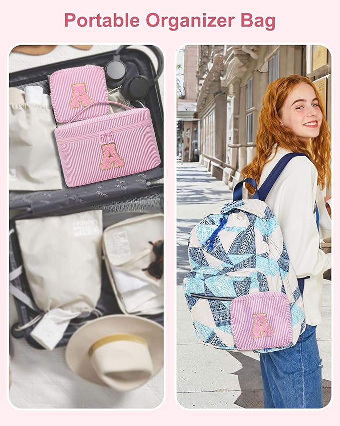 MONSTINA Personalized Initial Makeup Bag with Brush Holder and Divider for Women,Make Up Case for Girlfriend Bridesmaid Wife,Birthday Gift for Her Cute Toiletry Bag,2PCS,Pink L
