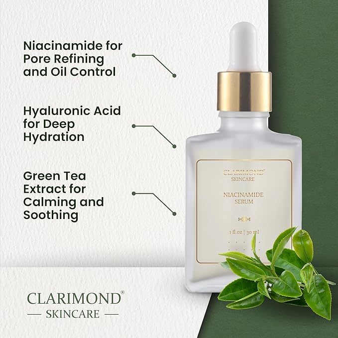 CLARIMOND Niacinamide Serum with Green Tea extract | 5% Niacinamide & Hyaluronic Acid | Hydration, Pore Refinement & Oil Control | Lightweight, Calming Formula for All Skin Types