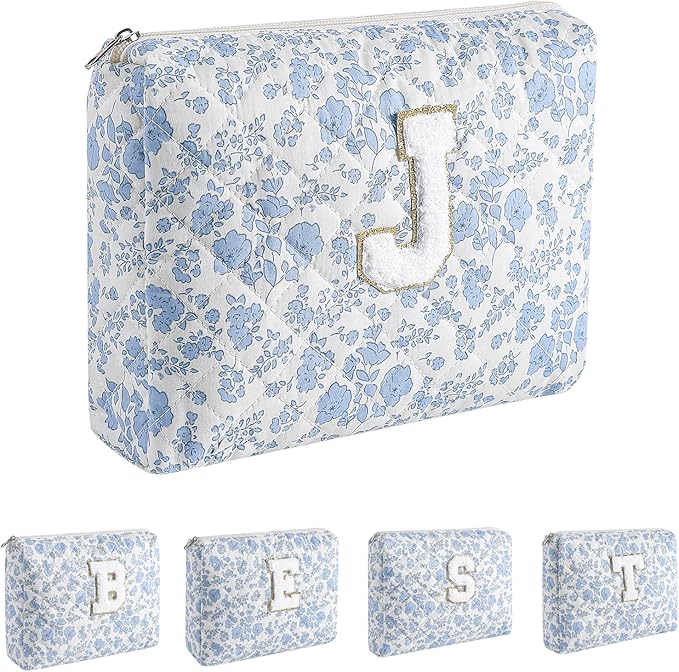 Alphabet Makeup Bag Cosmetic Bag for Women, Christmas Gifts for Age 11-18, Personalized Floral Coquette Travel Bag, Trendy Stuff Zipper Make Up Pouch Organizer Bag (Blue Floral J)