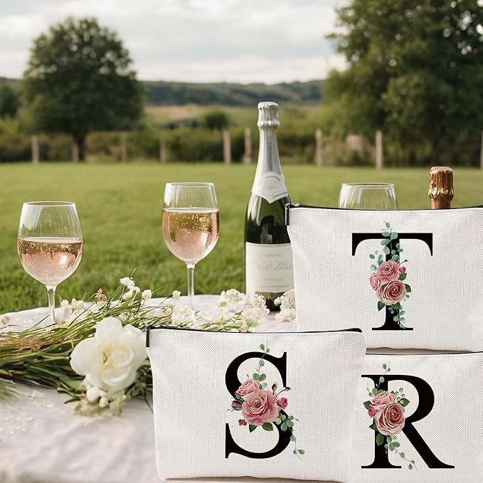 Initial A-Z Personalized Letter Makeup Bag, Monogrammed Bridesmaid Gifts/Presents Cosmetic Bag, Portable Stationery Storage Organizer Pouch, Friendship Love Travel Makeup Bags