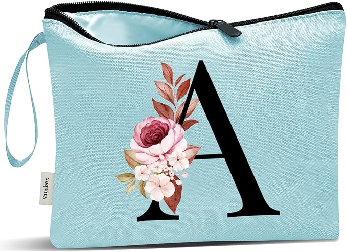 Vavabox A-Z Personalized Makeup Bag, Birthday Gifts for Women Mom, Gifts for Best Friend, Bride Bridesmaid Cosmetic bag (A, Green)