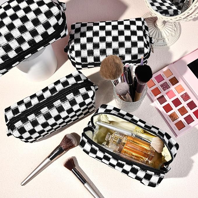SOIDRAM Checkered Makeup Bag Preppy Cosmetic Bag Bulk Black Makeup Pouch Personalize Travel Toiletry Bag Organizer Cute DIY Makeup Brushes Storage Bag for Women
