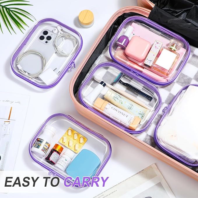 Sanwuta 6 Pcs Clear Hard Zipper Case Hard Plastic Zipper Pouches Makeup Bag Pencil Pouches Transparent Cases for Snacks Plastic Storage Organizer Box for Travel(Purple,7.87 x 5.9 x 2 Inch)
