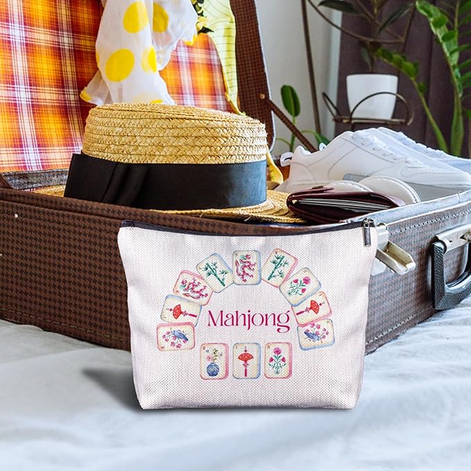 Chinoiserie Chinese Mahjong Makeup Bag, Mah Jong Gifts for Women Cosmetic Bags, Gifts for Mahjong Players Lovers Makeup Zipper Pouch