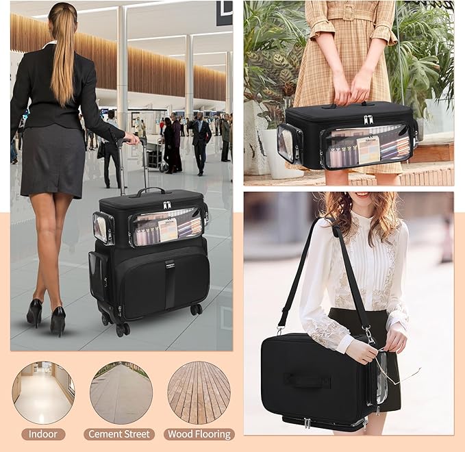 Rolling Makeup Train Case with Large Makeup Case，Professional Makeup Artist Traveling Bag with 7 Small Clear Bags, Cosmetology Case on Wheels, Adjustable Dividers for Cosmetics Makeup Brushes Toiletry