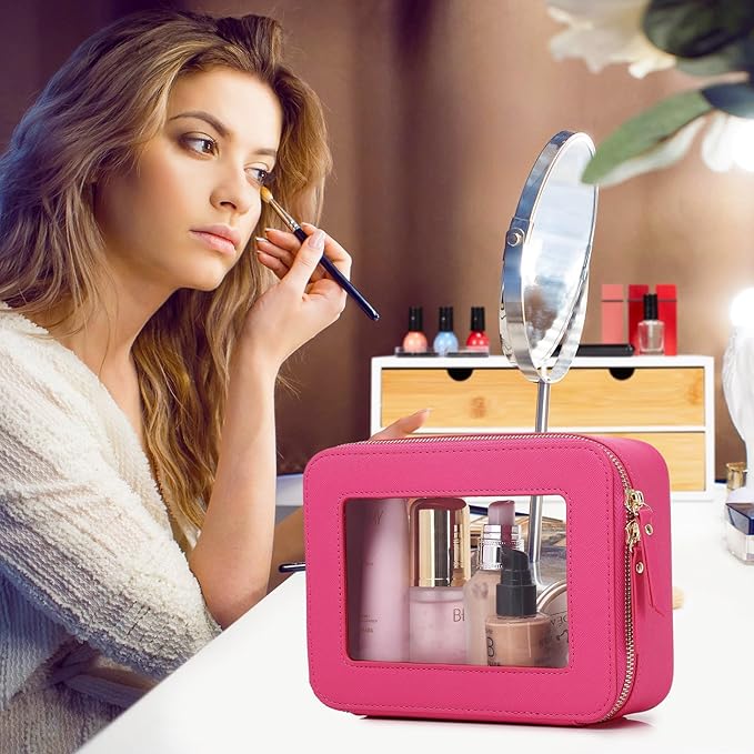 Pinkmik Clear Makeup Bag Waterproof Travel Case for Cosmetics and Toiletries Women's Purse Organizer and Clear Car Bag with Zipper (X/Fuxia, M+MINI)