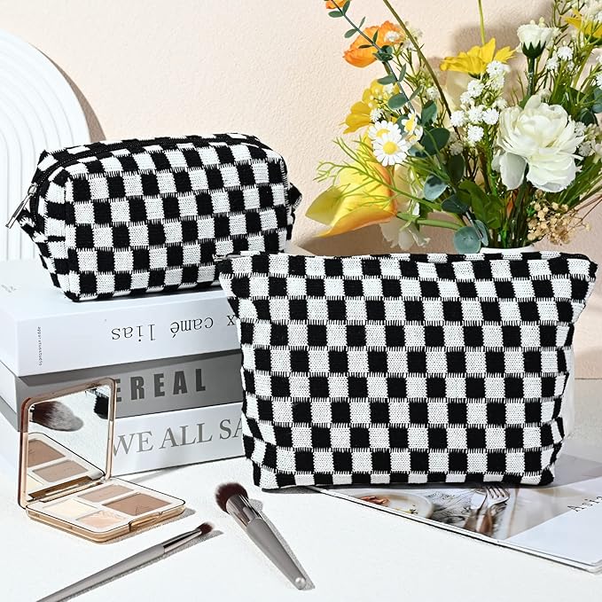 SOIDRAM 2 Pieces Black Makeup Bag Large Checkered Cosmetic Bag Capacity Canvas Mix Travel Toiletry Bag Organizer Cute Makeup Brushes Aesthetic Accessories Storage Bag for Women, Checkered Mix Black