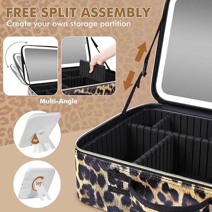 15''X11'' Makeup Bag with Removeable Lighted Mirror, Travel Makeup Case with 3 Color Lights Dimmable Brightness, Large Capacity Cosmetic Organizer Case with Detachable Dividers & Shoulder Strap