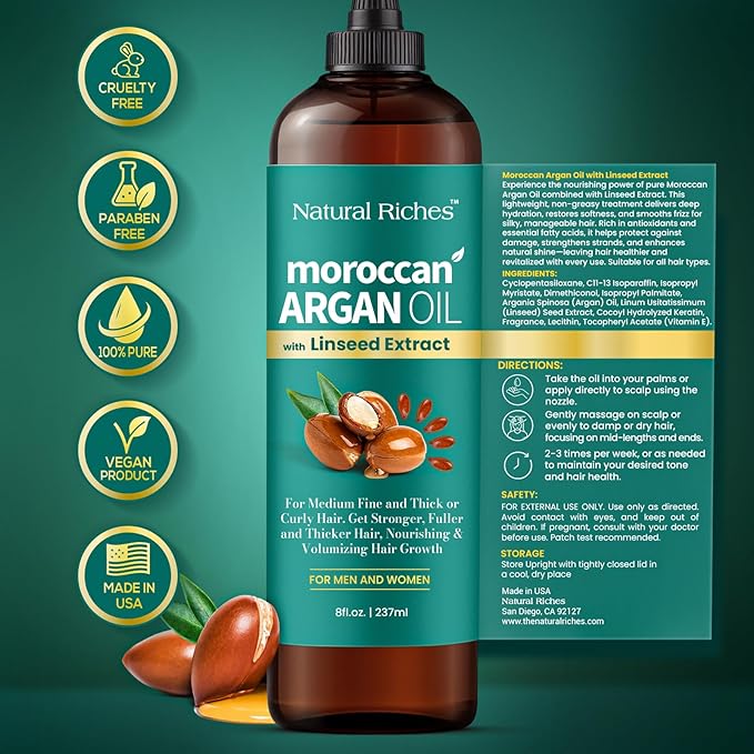Natural Riches Moroccan Argan Oil with Linseed Extract, Hair Treatment for All Hair Types, Smooths frizz, detangles, conditions and boosts shine 8 Fl Oz