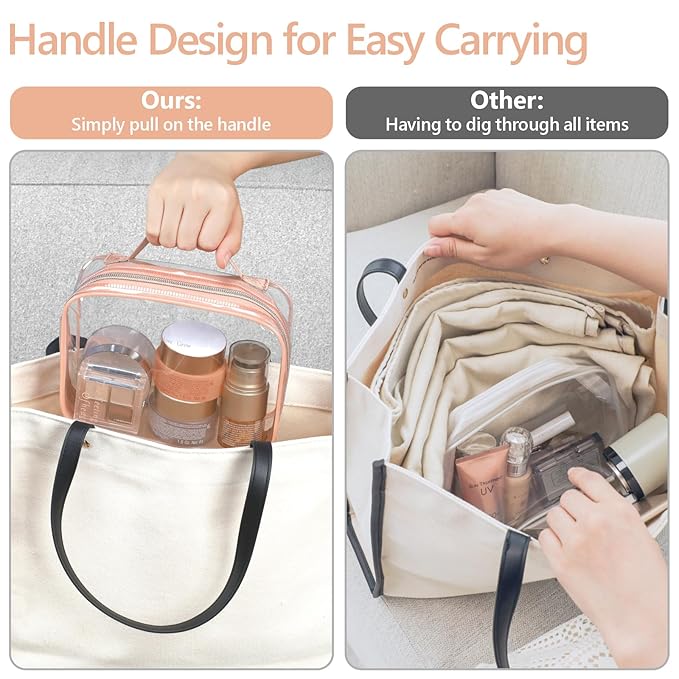 PACKISM Clear Makeup Bag - 2 Pack TSA Approved Toiletry Bag with Handle and 180° Large Opening, Clear Toiletry Bag Fit Carry-on Travel Essential, Travel Bags for Toiletries, Rose Pink