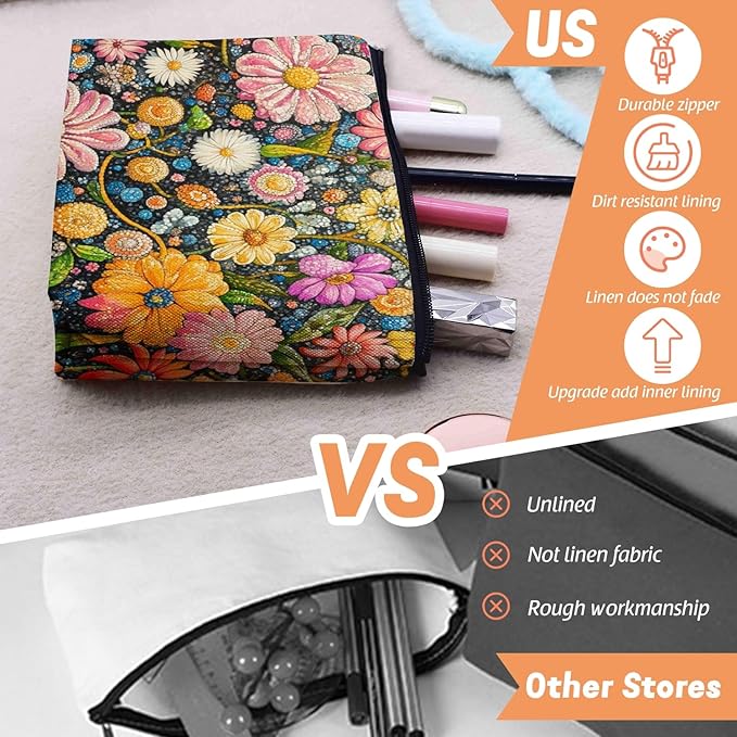 Cosmetic Bags Travel Makeup Toilet Case Waterproof Pouch for Women Girls 6.7X9.45inches - Colorful Flowers on A Black Background