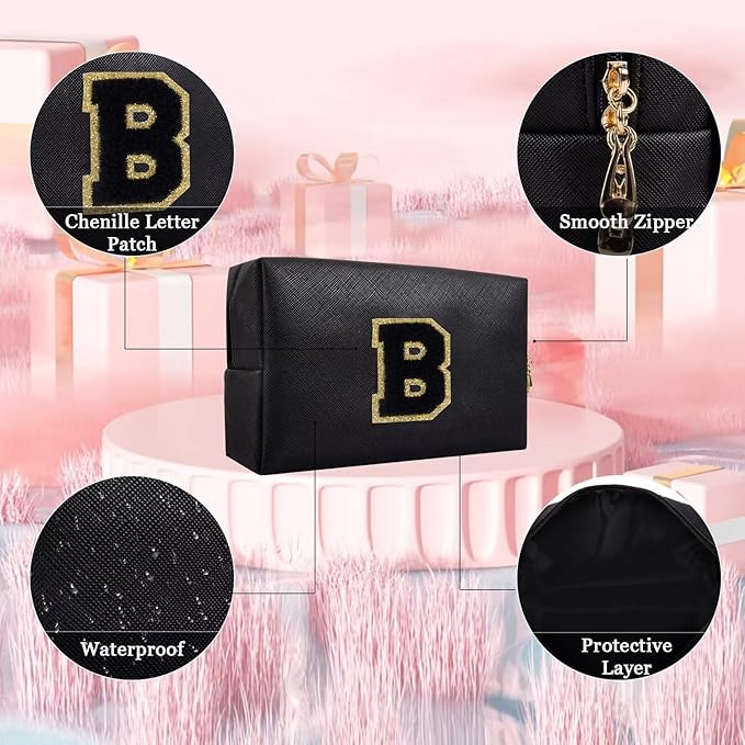 Small Personalized Letter Makeup Bag, Cute PU Leather Chenille Letters Cosmetic Bag Travel Makeup Pouch, Preppy Travel Organizer Zipper Pouch for Women&Girls（Black-B）