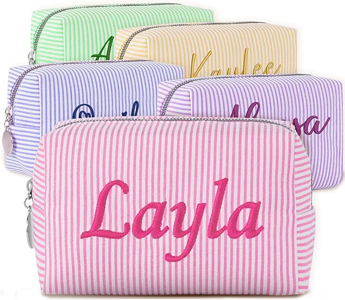 Yofair Personalized Makeup Bag with Name, Large Capacity Travel Toiletry Case Teen Girl Gift Trendy Stufff Custom Seersucker Cosmetic Bags Wedding Birthday Gifts for Girls Women