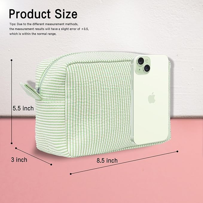 MT WORLD Personalized Makeup Bag Cute Cotton Cosmetic Bag for Women Seersucker Bridesmaid Travel Makeup Bag for Girls Aesthetic Toiletry Bag Organizer Storage Pouch (Green)
