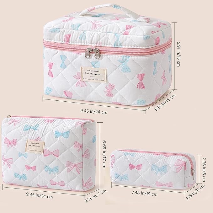 HBselect Quilted Makeup Bag, 3PCS Cotton Large Travel Makeup Bag, Cute Floral Coquette Make up Bag Cosmetic Bag Toiletry Bag for Women Girls