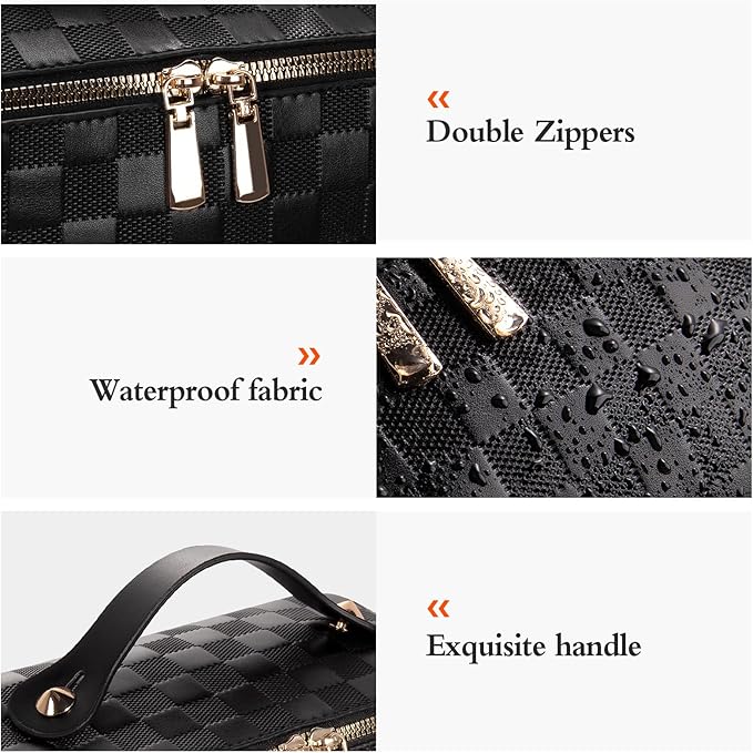 Abiudeng Travel Makeup Bag,Large Capacity Toiletry Bag Cosmetic Bags for Travel Essentials,Waterproof Portable Pouch Open Flat Makeup bag Organizer with Divider and Handle(Checkered-Black)