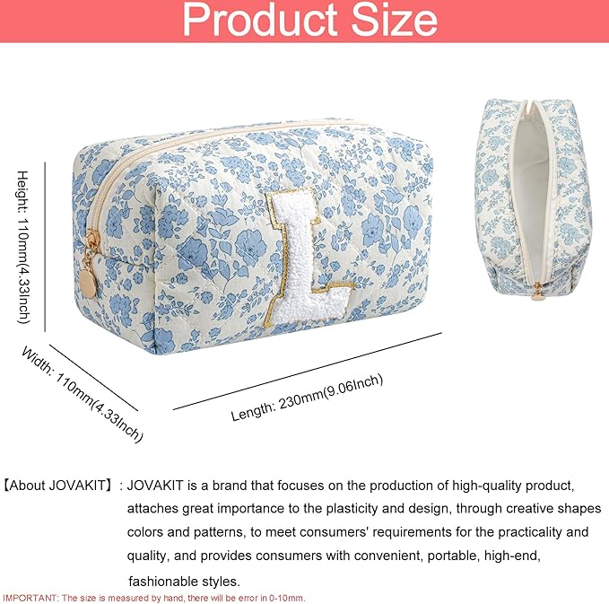 JOVAKIT Makeup Bag Cosmetic Bags for Women, Christmas Gifts for Girls Age 6-18, Alphabet Pink Floral Coquette Zipper Travel Makeup Pouch, Organizer Case Trendy Stuff (Pink+ Blue L)