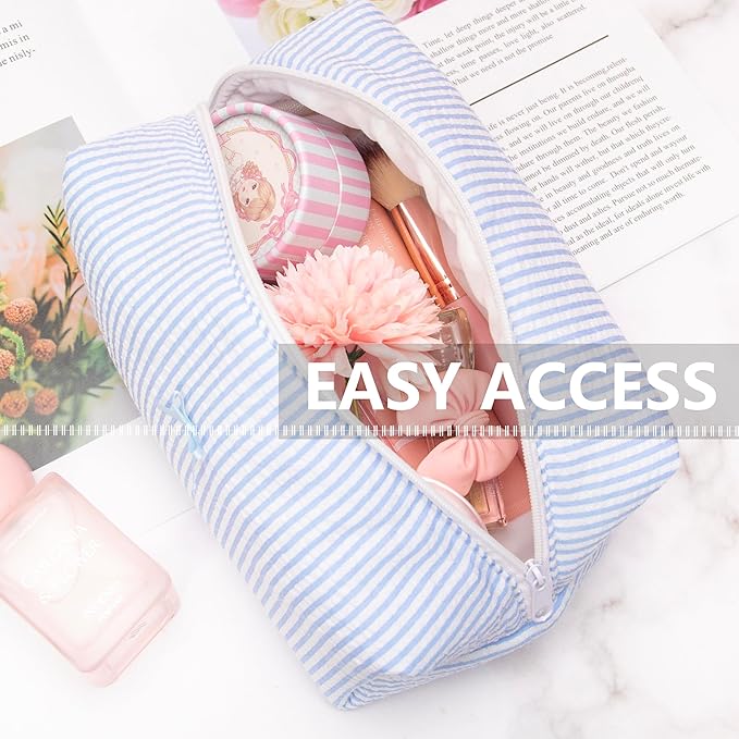PAZIMIIK 6PCS Cozy Makeup Bag SET Travel Cosmetic Bag for Women Soft Toiletry Bag Aesthetic Makeup Organizer Portable Large Zipper Pouch for Skincare Beauty Accessories Brushes Stripe Blue