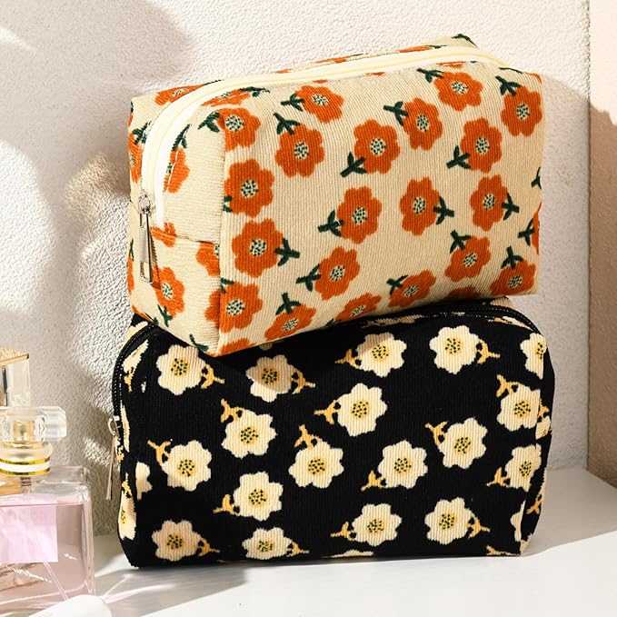 SOIDRAM 2 Pieces Makeup Bag Floral Cosmetic Bag Purple Blue Makeup Pouch Travel Toiletry Bag Organizer Cute Makeup Brushes Storage Bag for Women
