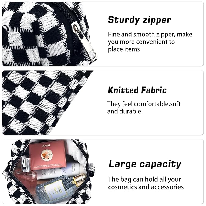 2Pcs Checkered Pencil Case Cute Pencil Pouch for Teens Checkered Makeup Bag Travel Cosmetic Bag Set Cute Makeup Pouch for Purse Portable Zippered Skincare Bags Preppy Toiletry Bags Organizer(Black)