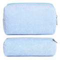 SOIDRAM Corduroy Cosmetic Bag - Cute Blue Makeup Pouch, Large Capacity, Travel Toiletry Bag Organizer with 1Pcs Makeup Brushes Storage