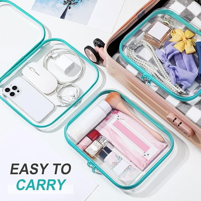 Sanwuta 6 Pcs Clear Hard Zipper Case Hard Plastic Zipper Pouches Makeup Bag Pencil Pouches Transparent Cases for Snacks Plastic Storage Organizer Box for Travel(Teal,9.84 x 7.87 x 2 Inch)