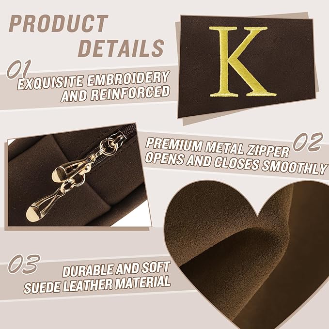 Personalized Initial Makeup Bag,Preppy Suede Cosmetic Bag for Teen Girls,Small Monogram Travel Toiletry Bag With Gold Embroidered Letter,Trendy Stuff Custom Christmas Gift for Women(Coffee-K)