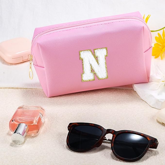 Initial Makeup Bag Personalized Preppy Travel Small Cosmetic Bag Cute PU Pink Chenille Letter Makeup Pouch for Purse Waterproof Zippered Toiletry Organizer for Women Girls Kids Friends (N)