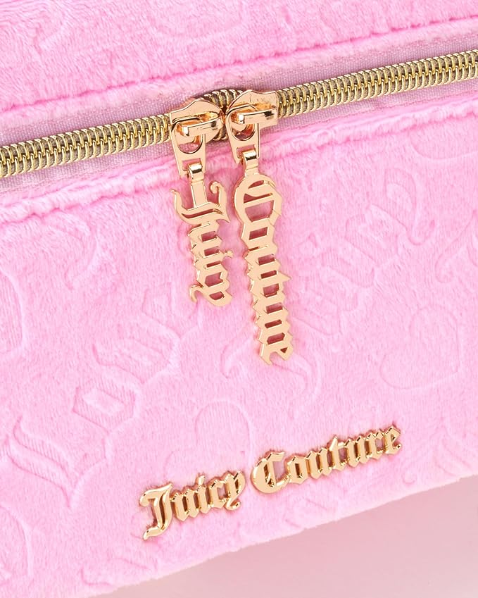 Juicy Couture Pink Makeup Bag Cosmetics Organizer Travel Essentials Train Case Velour Heart Logo