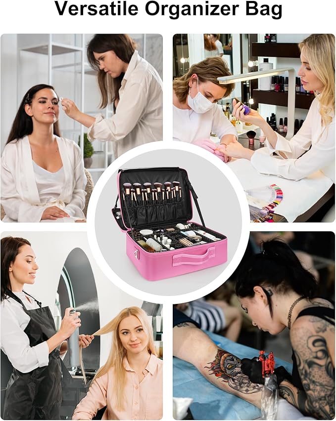 Relavel Extra Large Makeup Case Travel Train Case Professional Makeup Artist Bag Portable Nail Organizer Box Art Supply Case with Adjustable Dividers/Attach to Trolley/Shoulder Strap (Rose Pink)