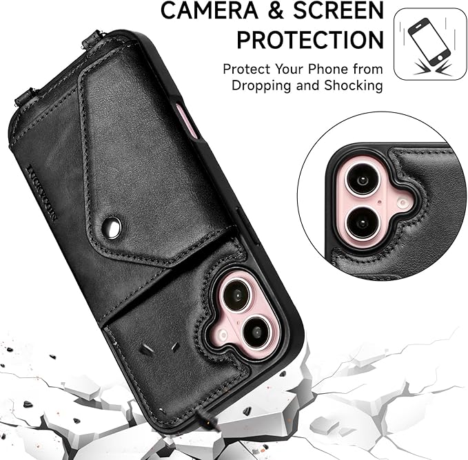 LUCKYCOIN Crossbody Wallet Phone Case for iPhone 16 Plus,100% Genuine Leather Wallet Phone Case with Expandable Flip Card Holder,Phone Purse for Women with Adjustable Removable Strap - Black