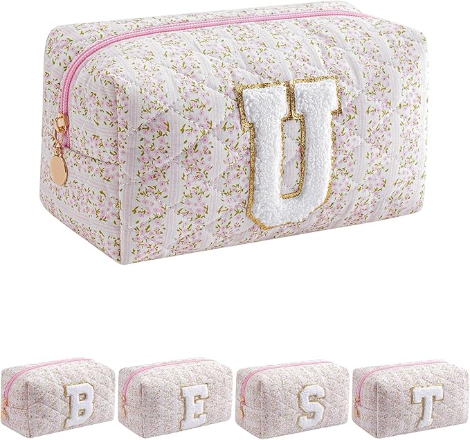 JOVAKIT Alphabet Makeup Bag Cosmetic Bag for Women, Christmas Gifts for Girls Age 6-18, Floral Flowers Coquette Travel Toiletry Zipper Make Up Pouch Organizer Trendy Stuff (Pink Floral U)