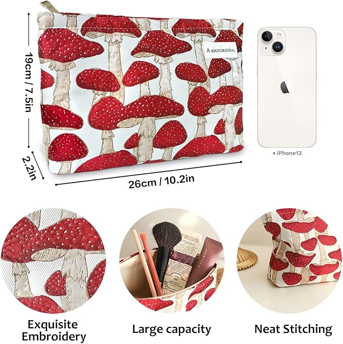 STARDW Cute Makeup Bag Aesthetic Cosmetic Bags for Women Girls, Travel Toiletry Bag Large Capacity Zipper Makeup Pouch, Purse Organizer Pouches,Canvas Lining (Red Mushroom)