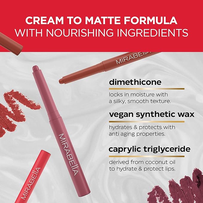 Mirabella - Velvet Matte Lip Crayon, Retractable Highly-Pigmented 2-in-1 Makeup, Long-Lasting Hydrating Lipstick Crayon + Lip Liner, Moisturizing Cream-to-Matte Lipcare Formula, Mystic Mauve